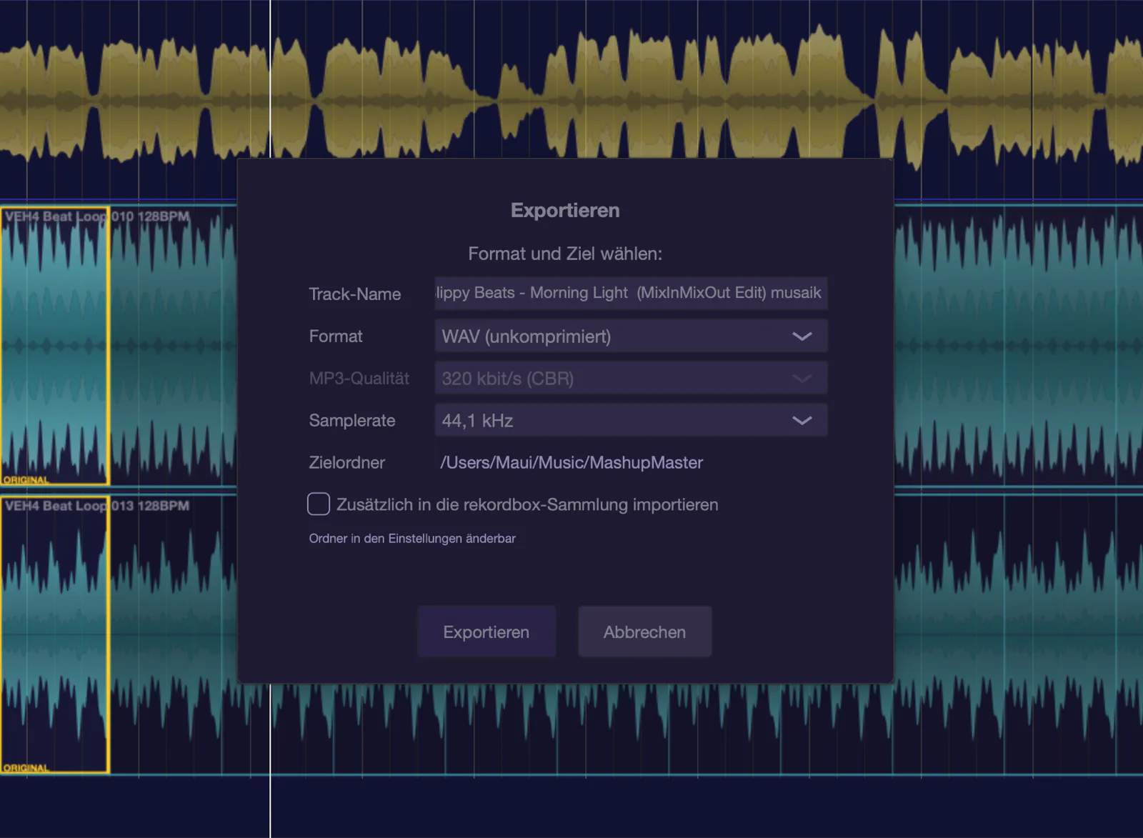 Der Export-Dialog von musaik mit Track-Name, Format WAV oder MP3, MP3-Qualität, Samplerate und Zielordner