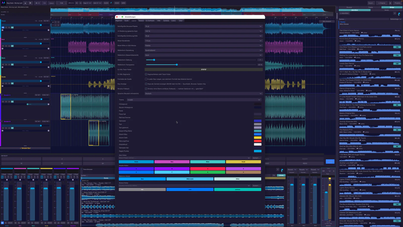 Die Layout-Einstellungen von musaik mit Wellenform-Stilen, Glättung, Transparenz, Mixer-Kanalbreite und Schriftgröße