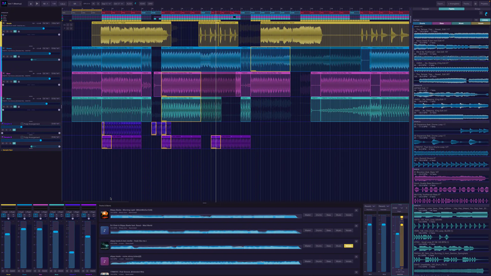 musaik im Mashup-Modus: Transportleiste, Timeline mit Element-Spuren, Struktur-Band, Browser rechts und Mischpult unten