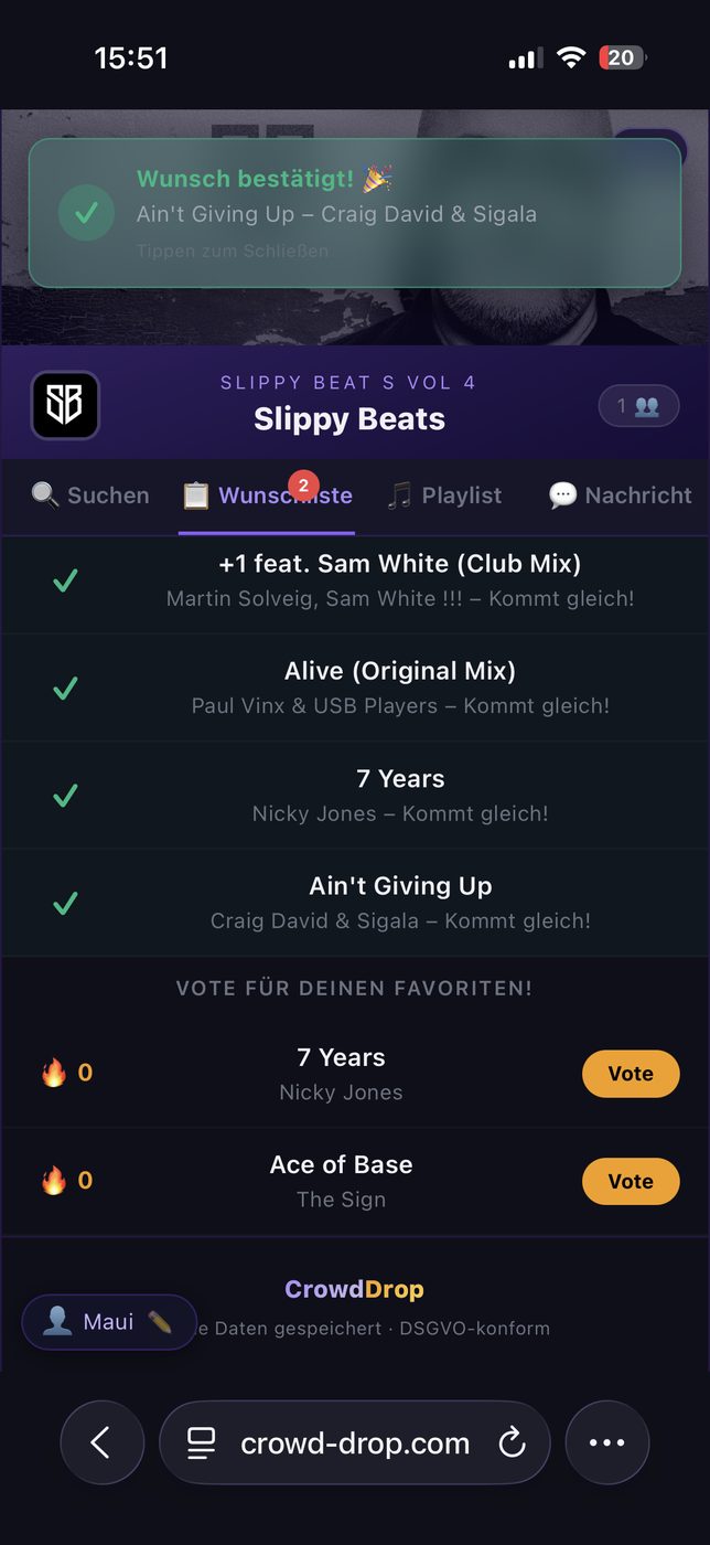 Musikwunsch-Bestätigung Gäste-App
