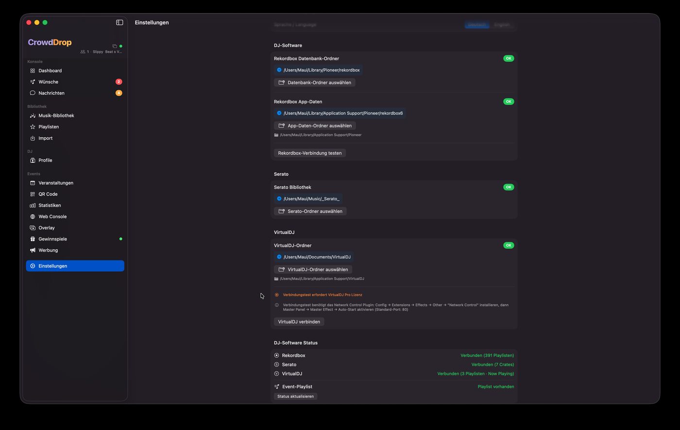 CrowdDrop DJ-Software Einstellungen