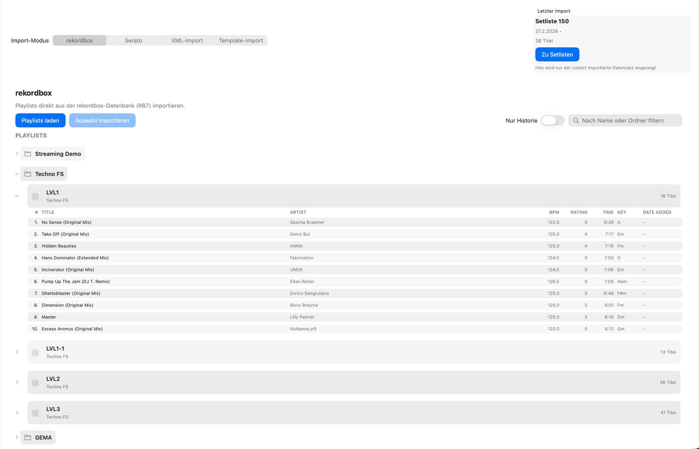 Rekordbox Import mit Playlisten