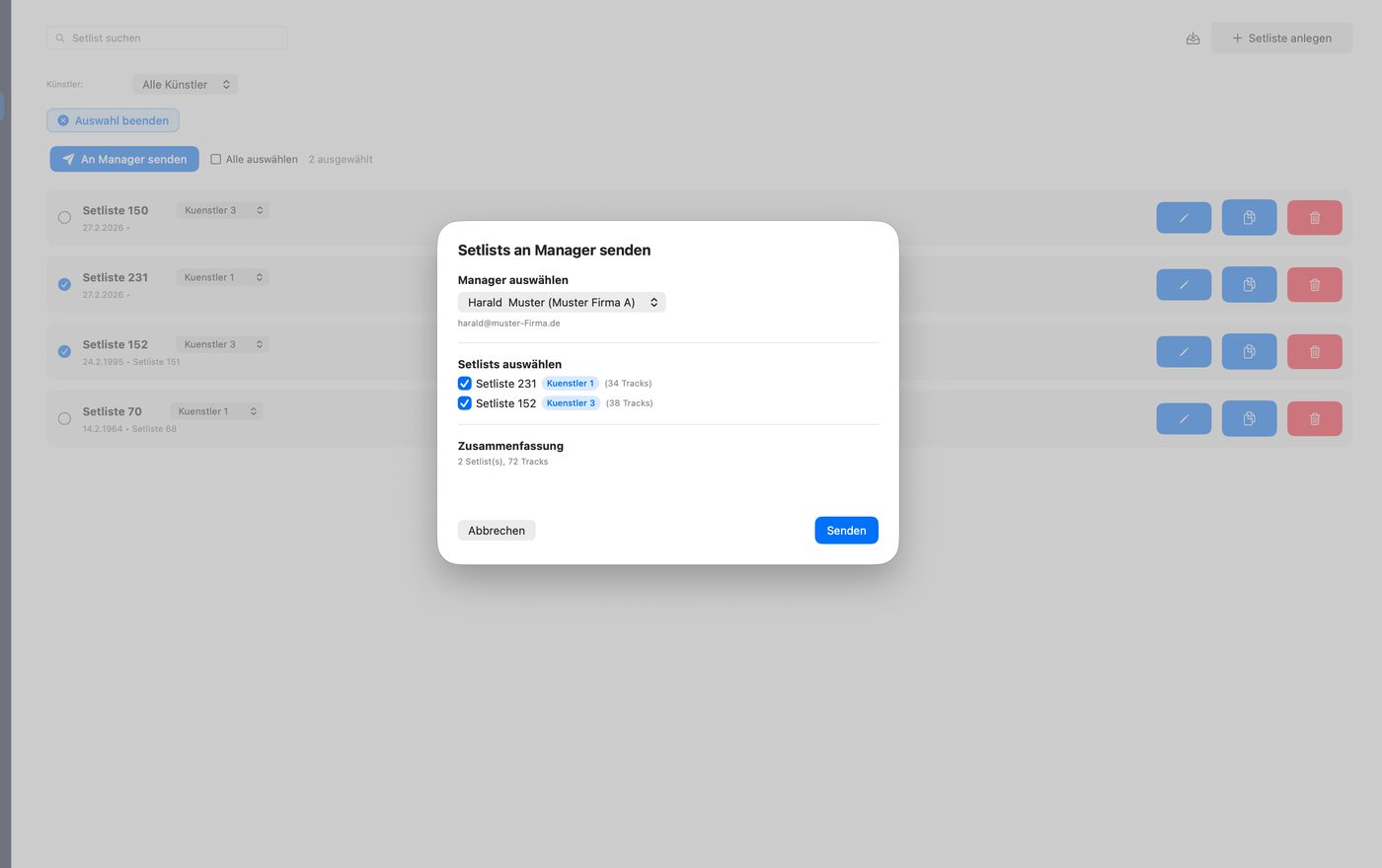 Setlist-Versand an Manager