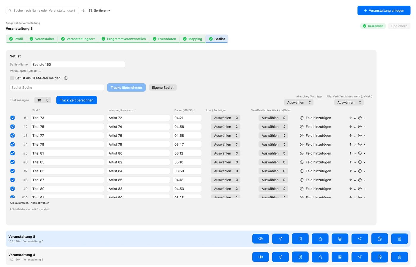 Event-Wizard Schritt 7: Setliste