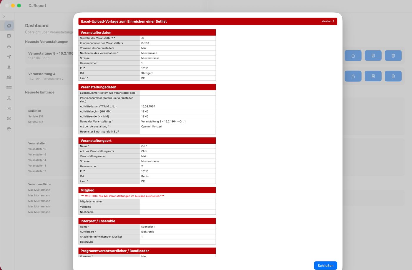 Excel Upload-Vorlage Vorschau