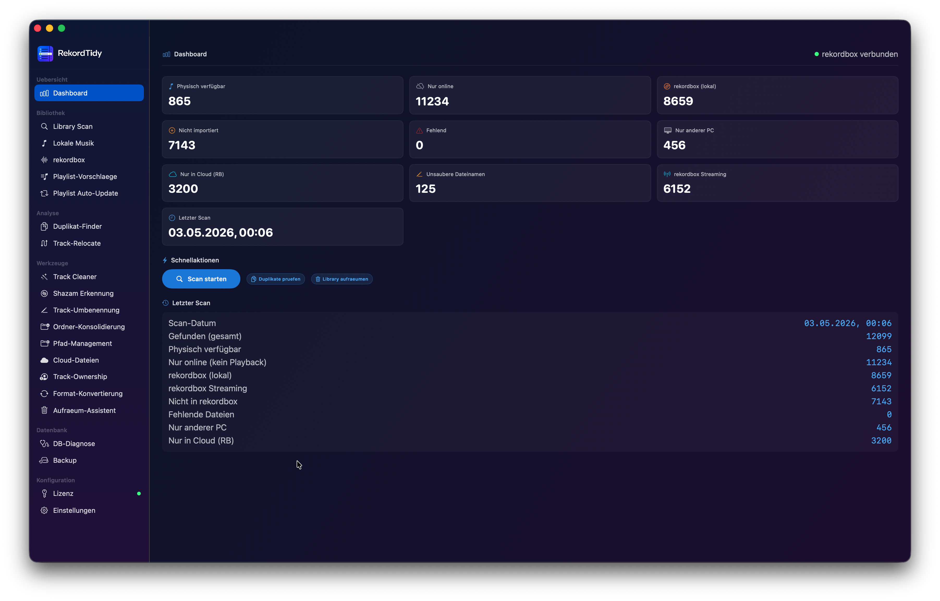 RekordTidy – Dashboard Übersicht