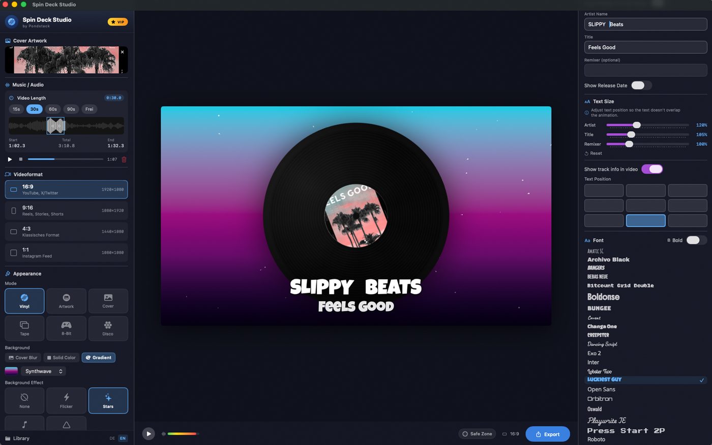 Spin Deck Studio – Vollständige App mit Modus-Auswahl und Font-Liste