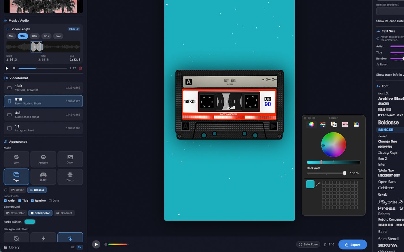 Cassette Tape Modus mit Color Picker